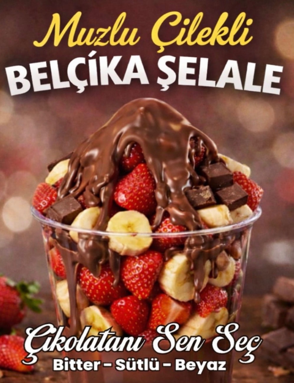 Muzlu Çilekli Belçika Çikolatalı Bardak - Callebaut sütlü Belçika çikolatası, Muz Dilimleri, Büyük Taze çilekler(Çikolatanızı Bitter, Beyaz ve Frambuaz Seçebilirsiniz)