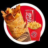 ÇOBAN MENÜ 4 - 1.5 Tavuk dürüm, Patates cipsi, Kola, Geleneksel eşsiz özel sosu ile servis edilir.