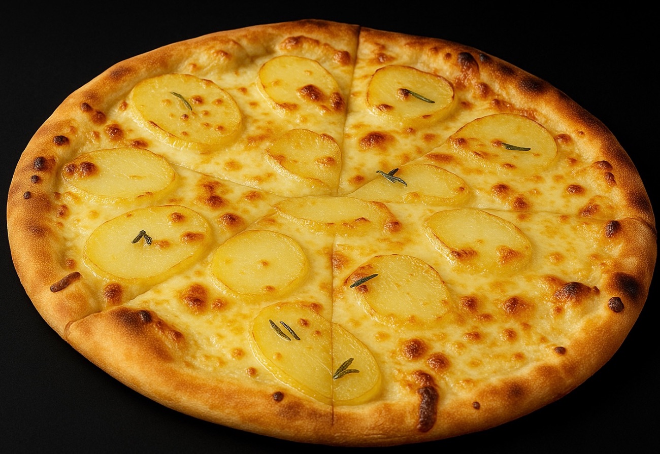 60. KARTOFLER - (bionce % tomatsauce) Kartoffel, frisk rosmarin, hvidløg, Parmiggiano reggiano og di bufala mozzarella.