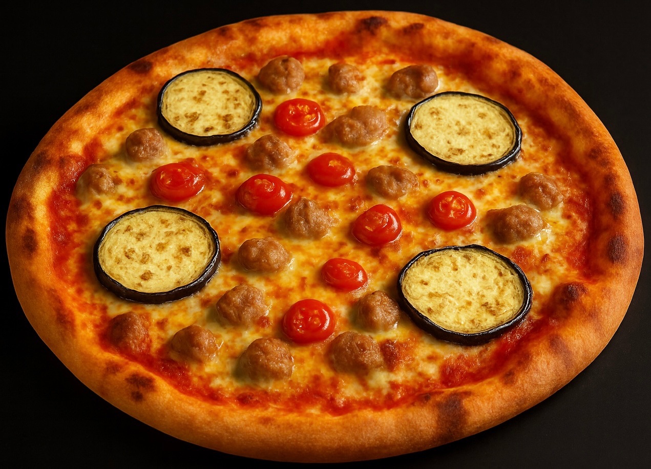 6. POLPETTE E MELANZANA - Kødboller, aubergine, friske cherrytomater og frisk grøn pesto.