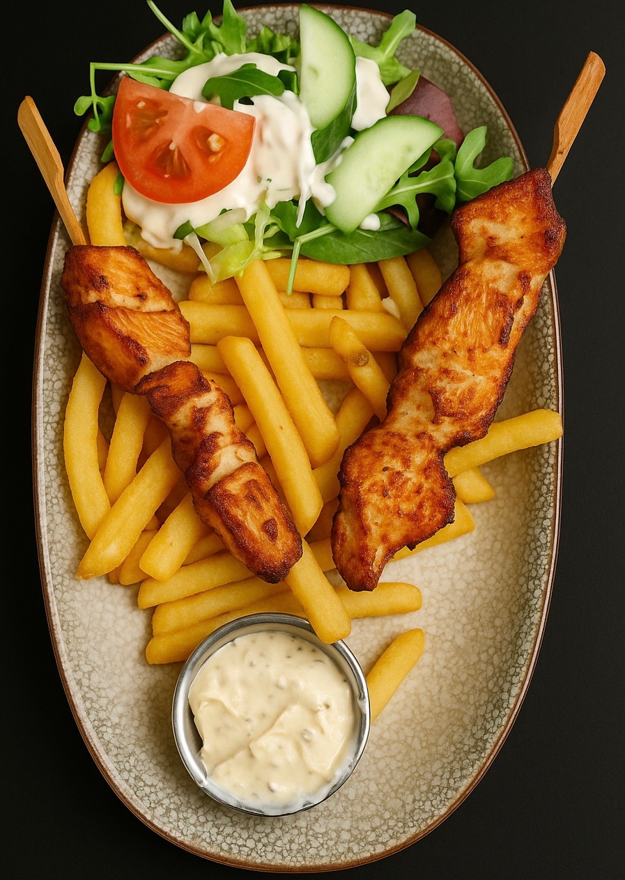 117B. 2 STK 50 G, CHİCKEN DEEP FROZEN - Pommes frites, mixsalat og aioli