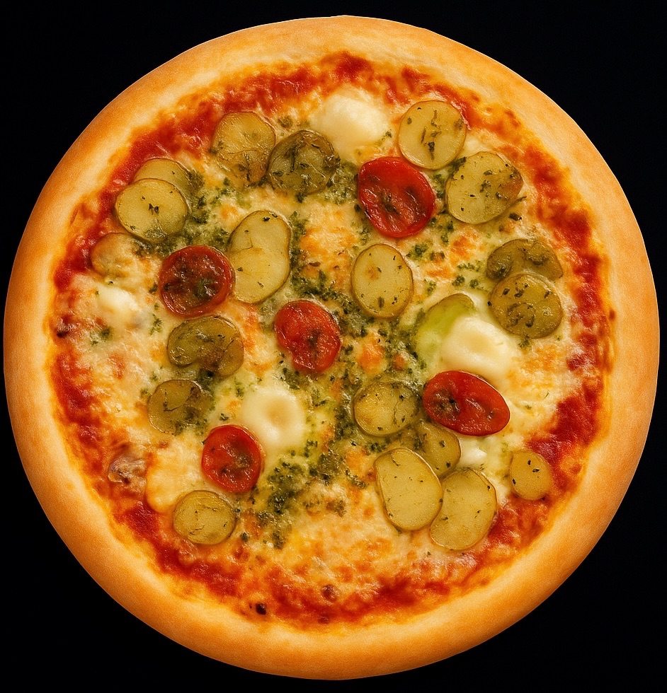 62. PATATE E GORGONZOLA - Kartofler, frisk rosmarin, semidried cherrytomater, gorgonzola og persillepesto.