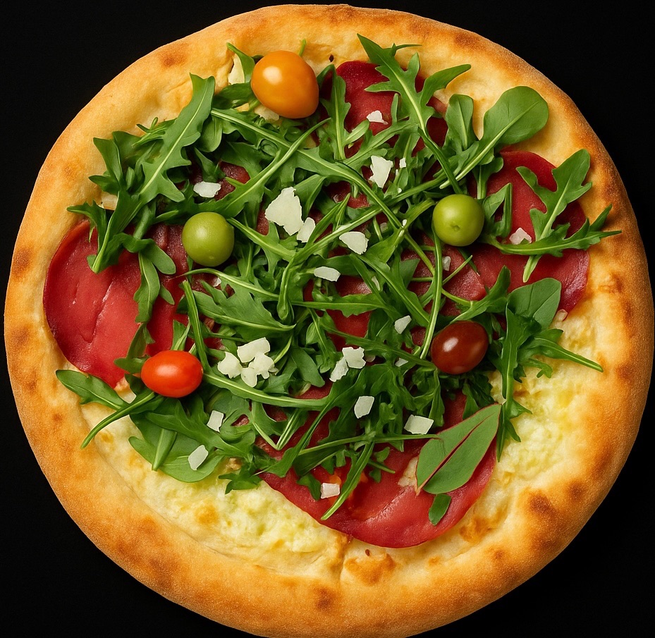 52. BRESAOLA - Bresaola, champignon, gorgonzola, pesto og rucola.