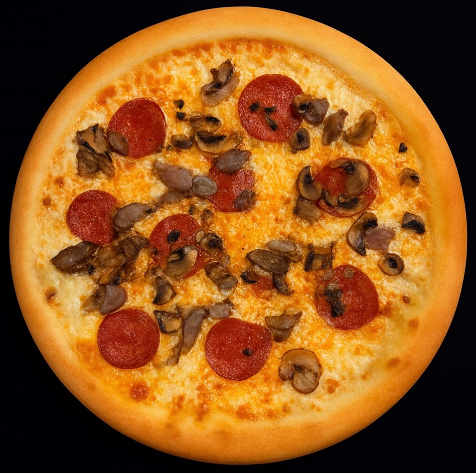 56. OKSEKØDSTYKKER - oksekødstykker, pepperoni, champignon, basilikumpesto og Parmiggiano reggiano.