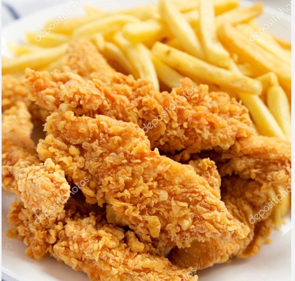 117. FRIED CHICKEN - 5 stk Frode checken, pommes frites, mixsalat, dressing og aioli