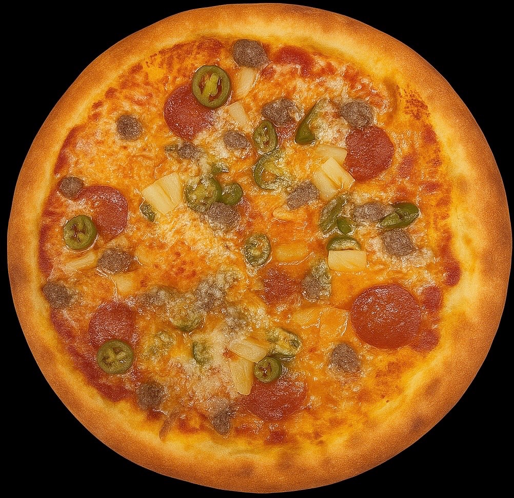 3. HOT - Oksekød, pepperoni, jalapeños, ananas.