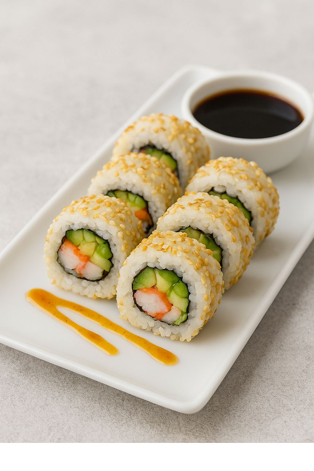 CALİFORNIA ROLL - Taze renkli biberler, salatalık ve avokado dilimlerinin ferah aroması, yengeç surimi ile buluşarak zarif, dengeli ve hafif bir sushi deneyimi sunar.