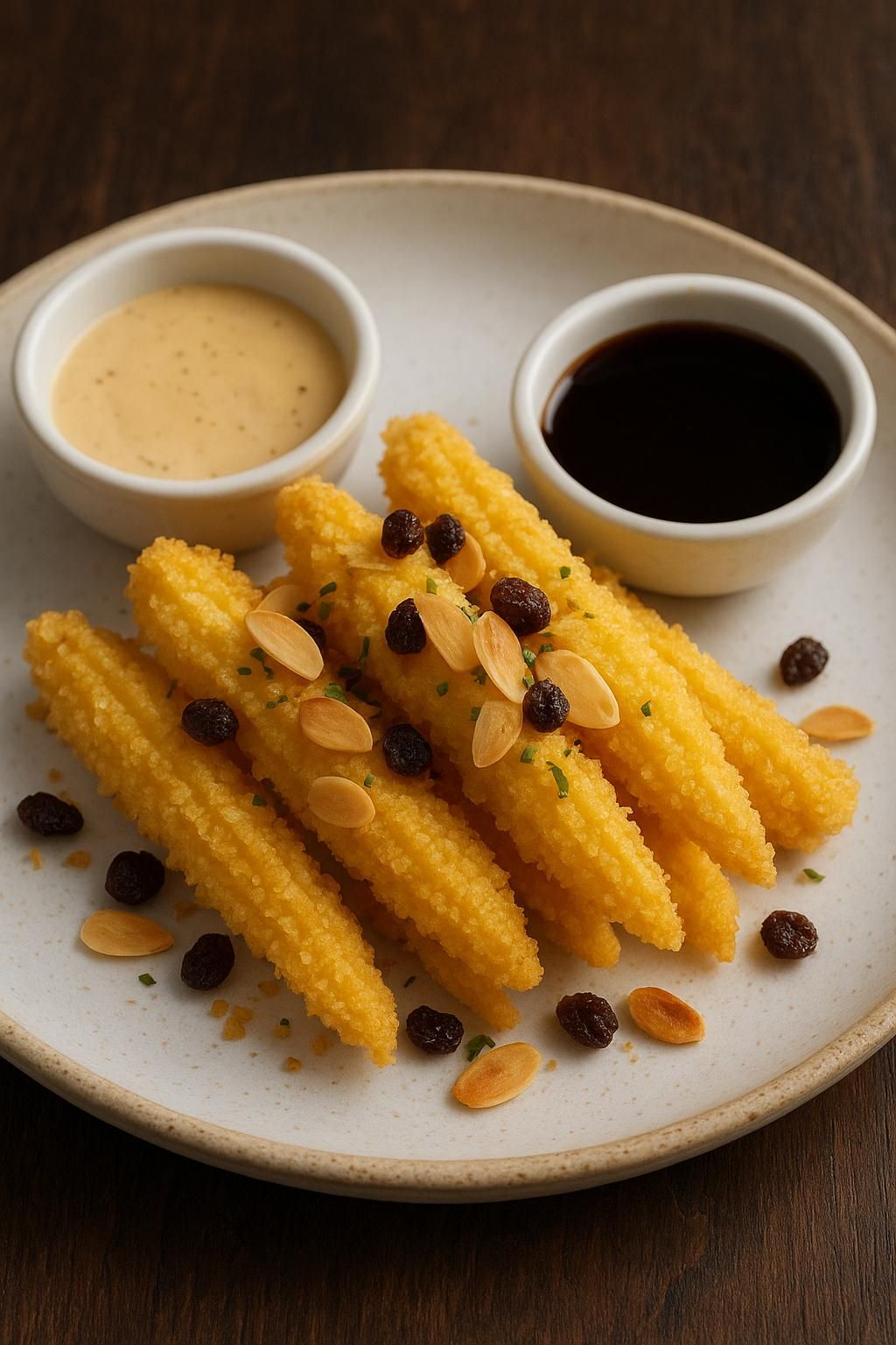 MISIR TEMPURA - Özenle seçilmiş baby mısırların, altın renginde kızarmış panko ile kaplanarak elde edilen çıtır dokusu; tempura sos ve özel şef sosu eşliğinde servis edilir. Üzerine serpiştirilen file badem ve kuş üzümü, lezzete zarif bir denge ve sofistike bir dokunuş katar.