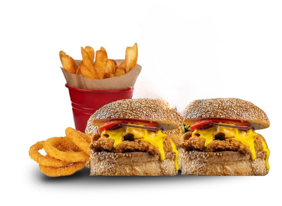 Friends Menü 1 🍗 🍗 - 2 adet Jr. Chicken Burger, Baharatlı Orta Boy Patates Kızartması, Soğan Halkası ( 4 adet ), 2 Adet 200ml İçecek