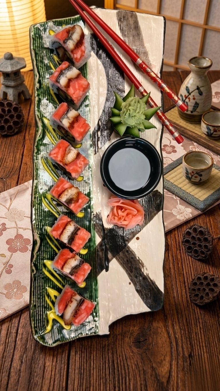 UNAGİ ROLL SUSHI - UNAGİ, AVOKADO,SALATALIK KREM PEYNİR ÖZEL HAVUÇ SOS İLE