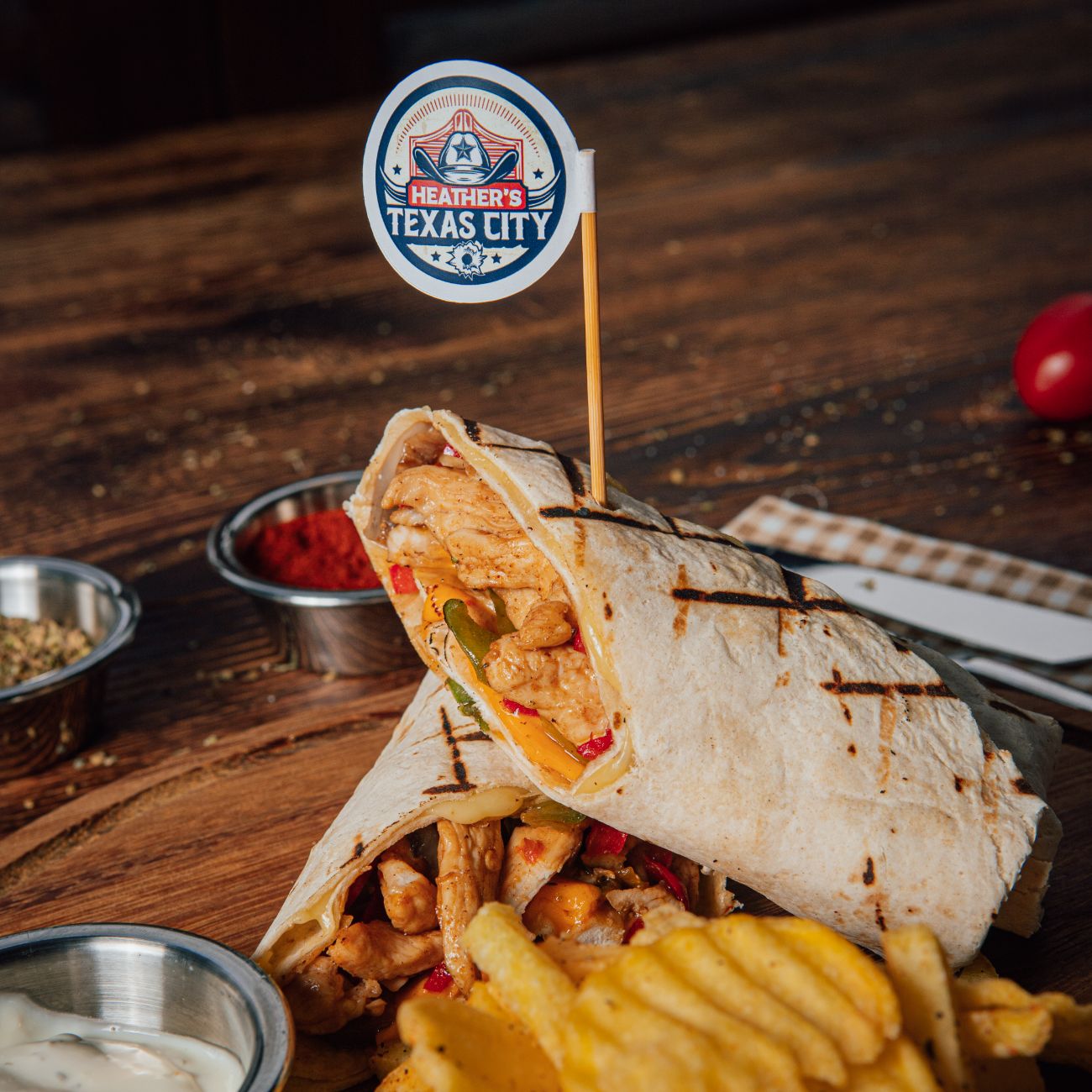 TAVUK WRAP - Tortilla Emeğine Sarılı Sotelenmiş Tavuk Bonfile Parçaları, Kapya Biber, Yeşil Biber, Mantar, Kaşar Peyniri, Baharatlı Patates Cipsi, Texas Sos ve Ranch Sos Eşliğinde