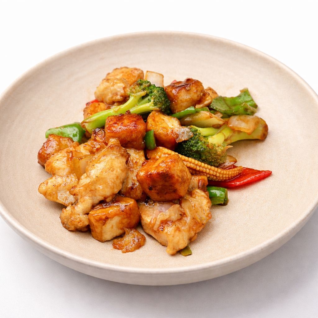 TAVUKLU TOFU - Brokoli,baby mısır,kırmızı kapya,yeşil kapya,kuru soğan,mantar, tofu,Tavuk