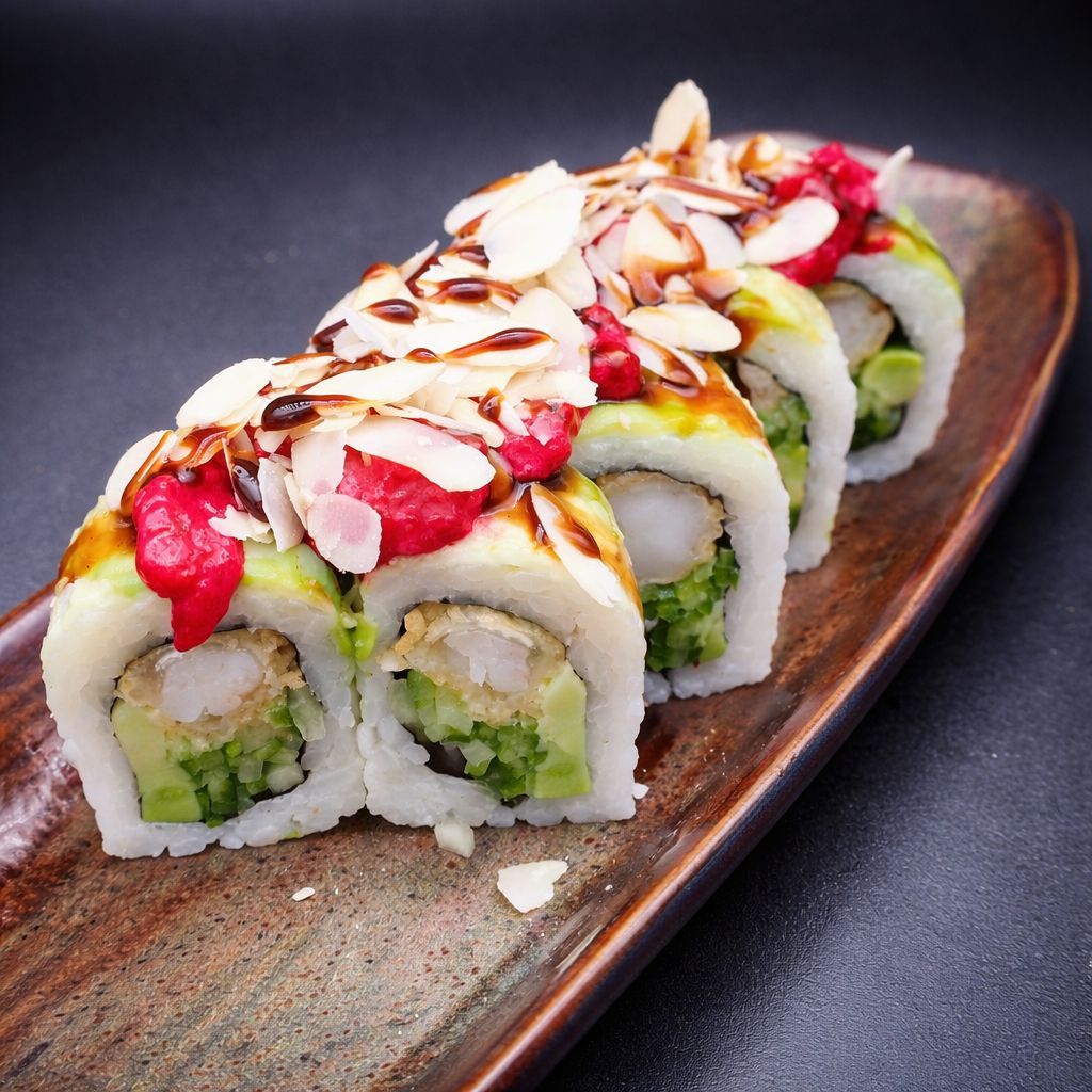 Montana Roll - İçi: Tempura Karides,Salatalık Dışı: Avakado,Sakura soslu salmon tartar, File badem, Teriyaki sos