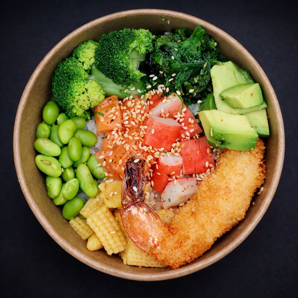 Deniz Mahsulleri Bowl - Goma Wakamama,edamame,baby mısır,brokoli,avakado, sushi rice , norveç somonu,yengeç,tempura karides