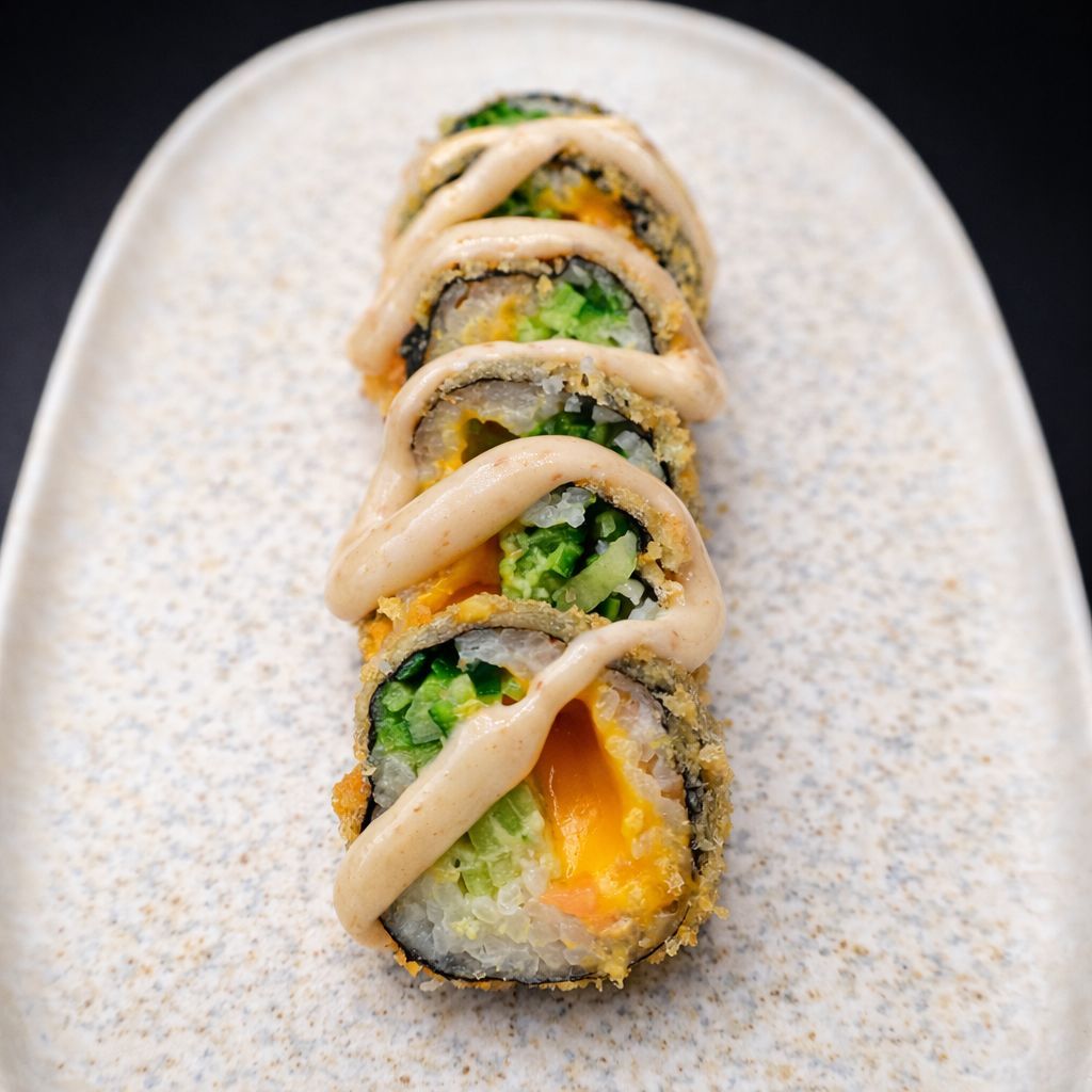 Chruchy Cheddar Roll(6 Parça) - İçi:Somon,Cheddar peynir,Endivyen,Avokado Dışı:Tempura,Plum Mayo