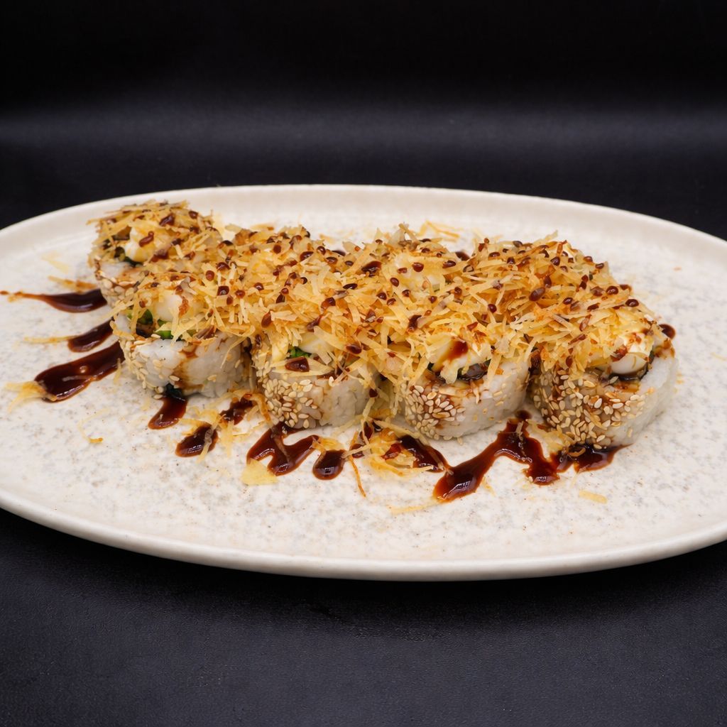 Ebi trüf roll - İçi:Karides,Salatalık,Avakado Dışı:Susam,Trüf Mayonez,Çıtır Patates Parçacıkları,Teriyaki Sos