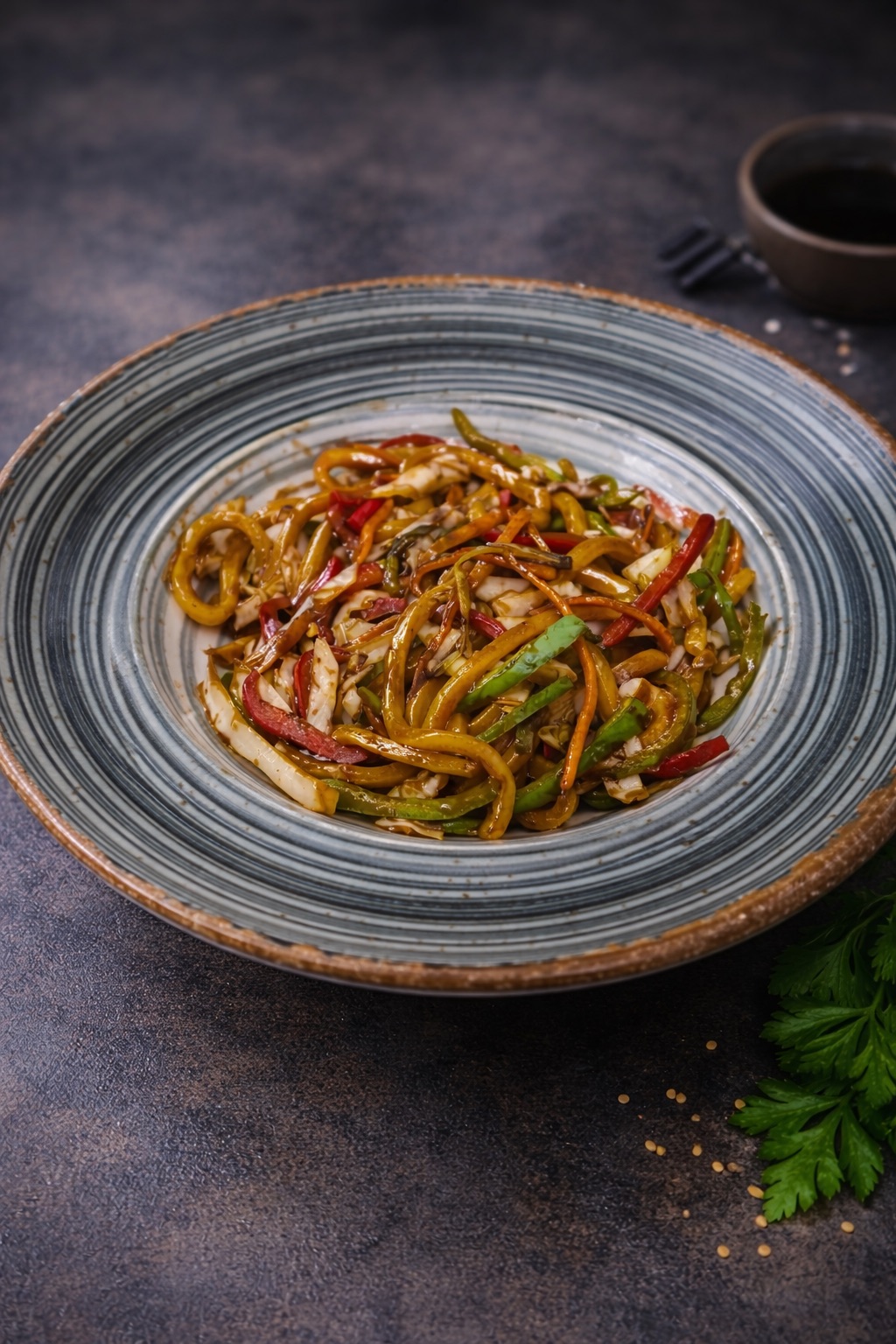 Sebzeli udon erişte - Udon erişte,yeşil biber,kırmızı biber,lahana,havuç,soğan,sos.