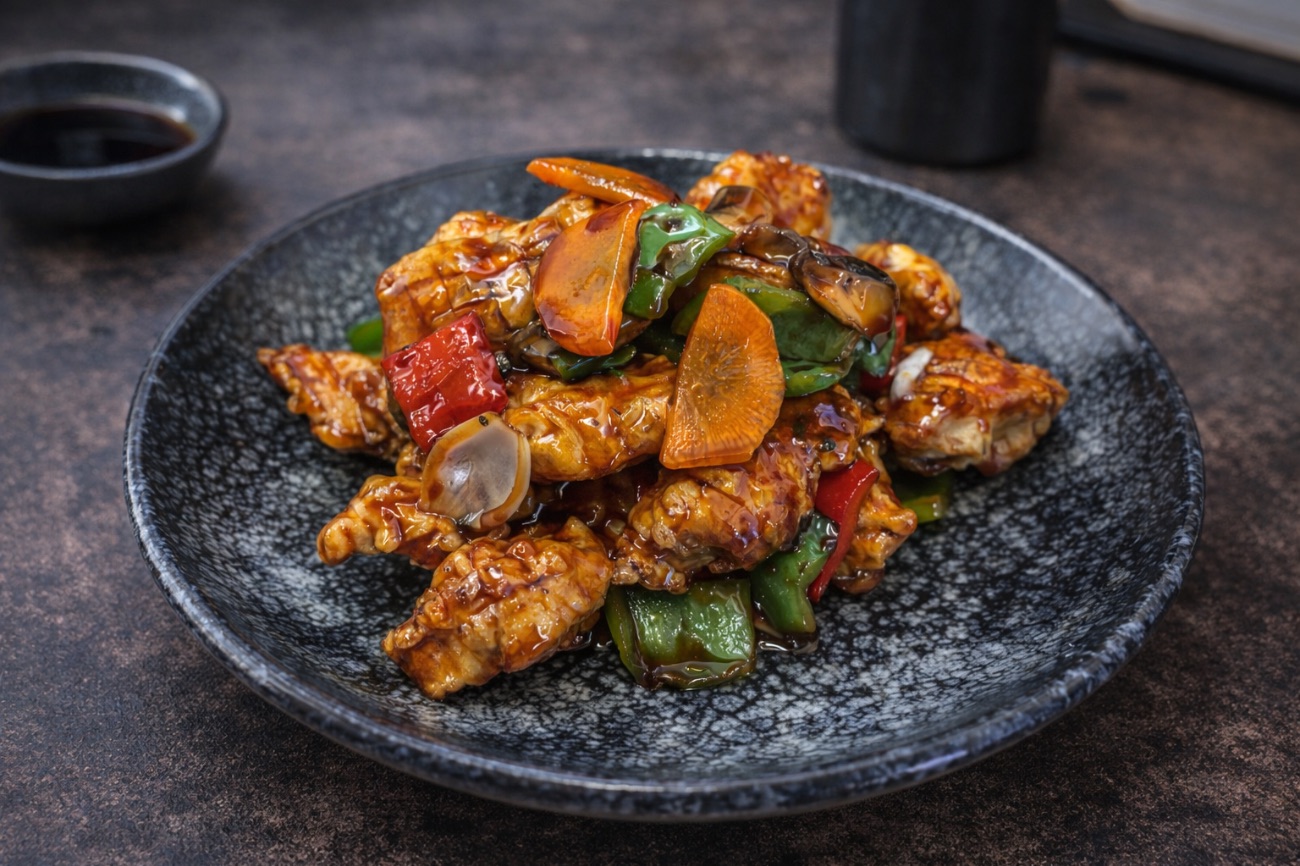 Teriyaki Soslu Tavuk - Kuru Soğan, Mantar, Brokoli, Kapya Biber, Yeşil Soğan, Teriyaki sos ile servis edilir