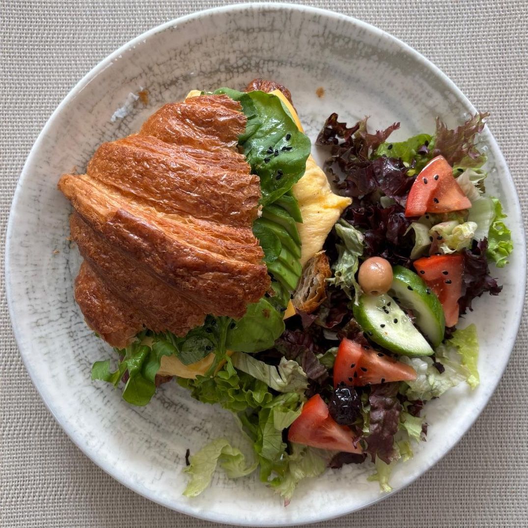 Avocado Sandwich Croissant - Avocado, Egg, Cheddar, Arugula; Served with Salad