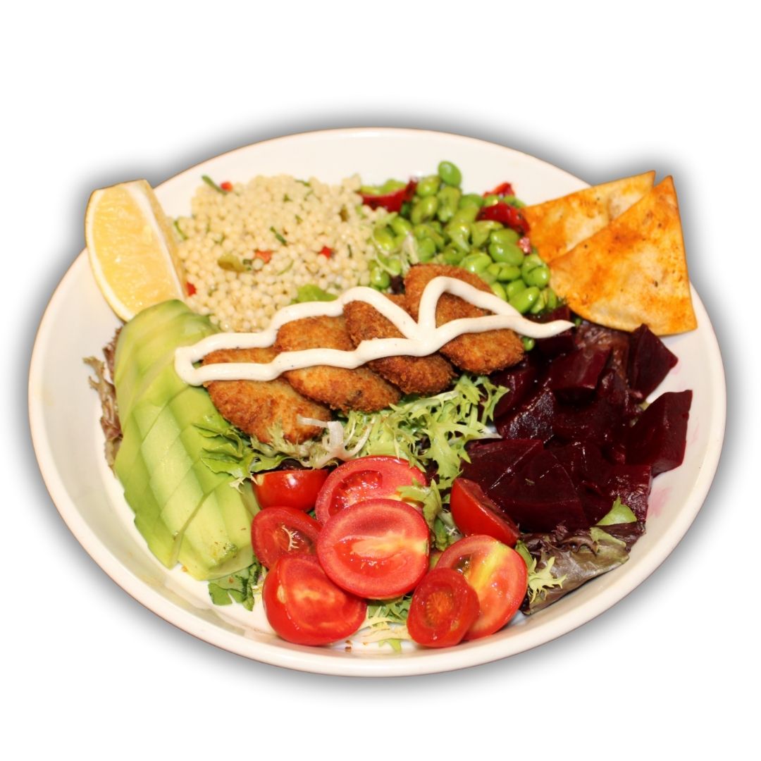 Falafel Bowl - avokado, kuskus, cherry domates, edam fasulye, pancar tursusu, kıtır ekmek, tahin sos.