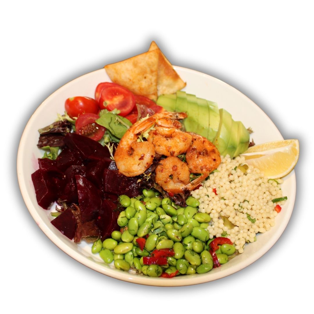 Karidesli Bowl - avokado, kuskus, cherry domates, edam fasulye, pancar tursusu, kıtır ekmek.