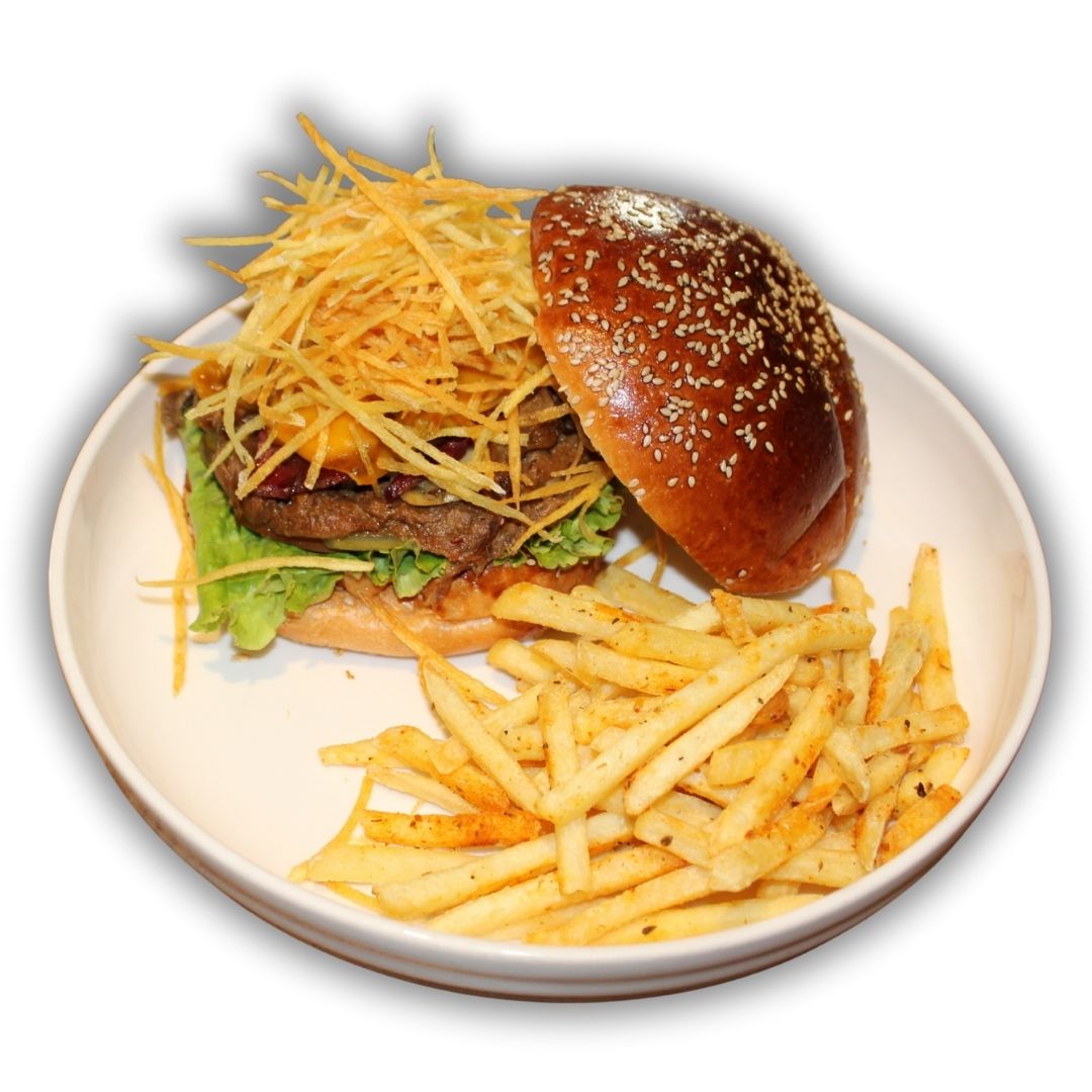 Food Lounge Burger - Ağır ateşte pişmiş dana tiftik et,mantar çeşitleri, dana bacon, cheedar, burger sos, kibrit patates