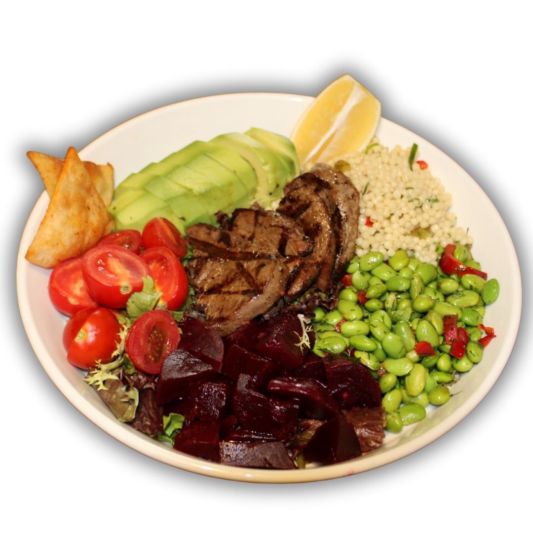 Izgara Bonfile Bowl - avokado, kuskus, cherry domates, edam fasulye, pancar tursusu, kıtır ekmek.