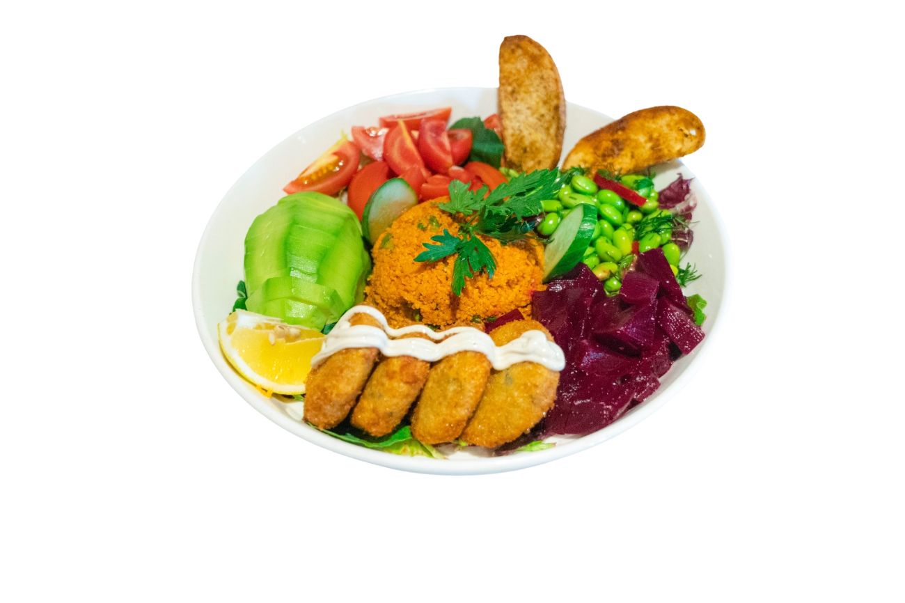 Falafel Bowl - avokado, kısır, cherry domates, edam fasulye, pancar tursusu, kıtır ekmek , tahin sos.