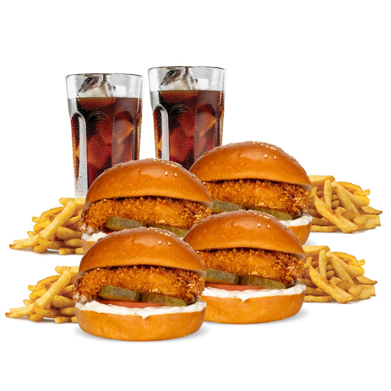 4'LÜ MİNİ ÇITIR BURGER SEPETİ - 4 adet mini çılgın çıtır tavuk burger(240 gr) çıtır tavuk, domates, turşu, tartar sos, patates kızartması ve seçeceğiniz 2 adet içecek ile
