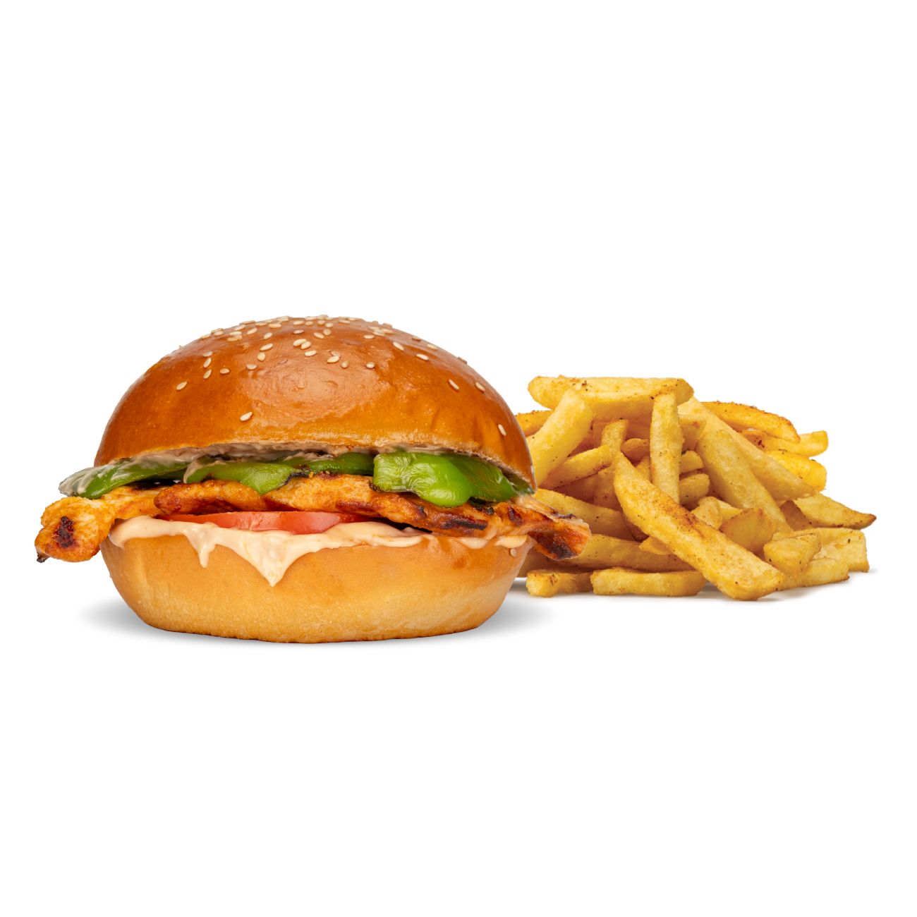 CHICKEN BURGER - 120 gr özel soslu ızgara tavuk bonfile, közlenmiş domates, közlenmiş biber, meat burger sos, patates kızartması ile