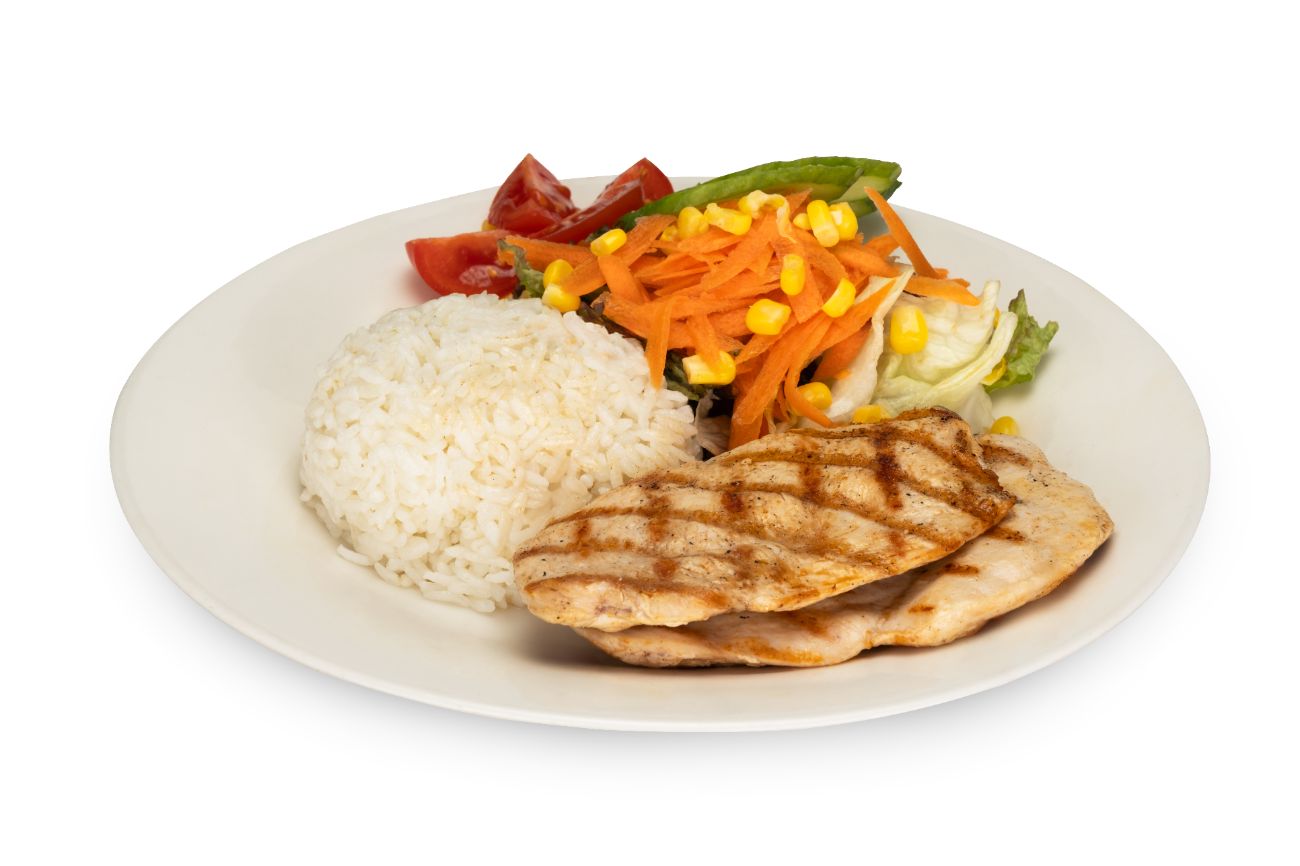 IZGARA TAVUK BONFİLE - 180 gr. özel soslu tavuk bonfile, yeşillik pirinç  ve mini panini ekmek ile