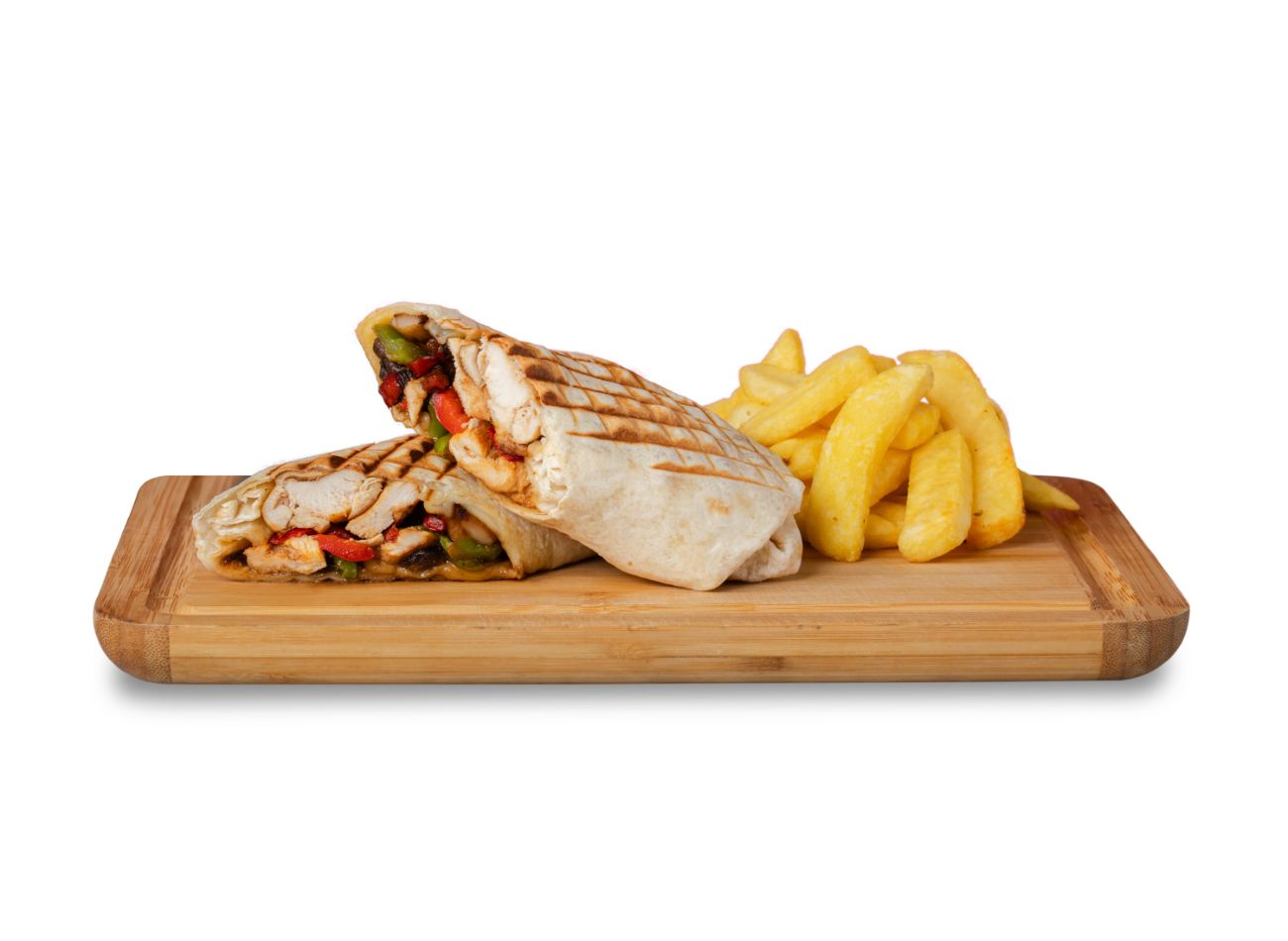 HOT CHICKEN WRAP - 150 gr jülyen ızgara tavuk, mantar, kaşar peyniri, paprika ananas sos, patates kızartması ile