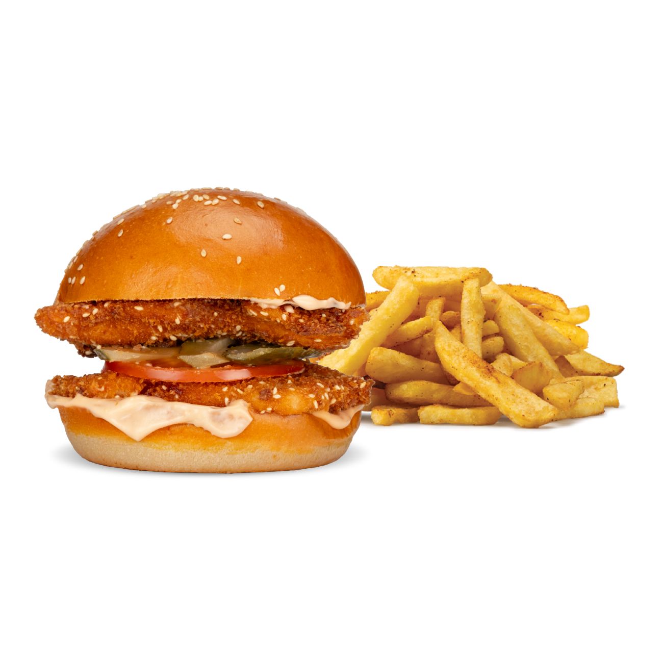 DOUBLE SCHNITZEL BURGER - 180 gr tavuk schnıtzel,domates, turşu, meat sos ve patates kızartması ile