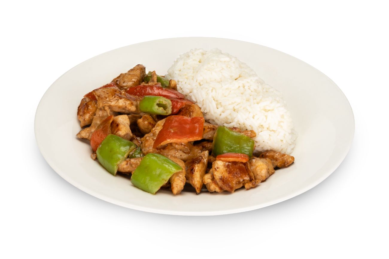 SOYA SOSLU TAVUK - 150 Gr jülyen tavuk, renkli biberler,özel soya sosu, patates kızartması, makarna  veya yeşillik mini panini ekmek ile