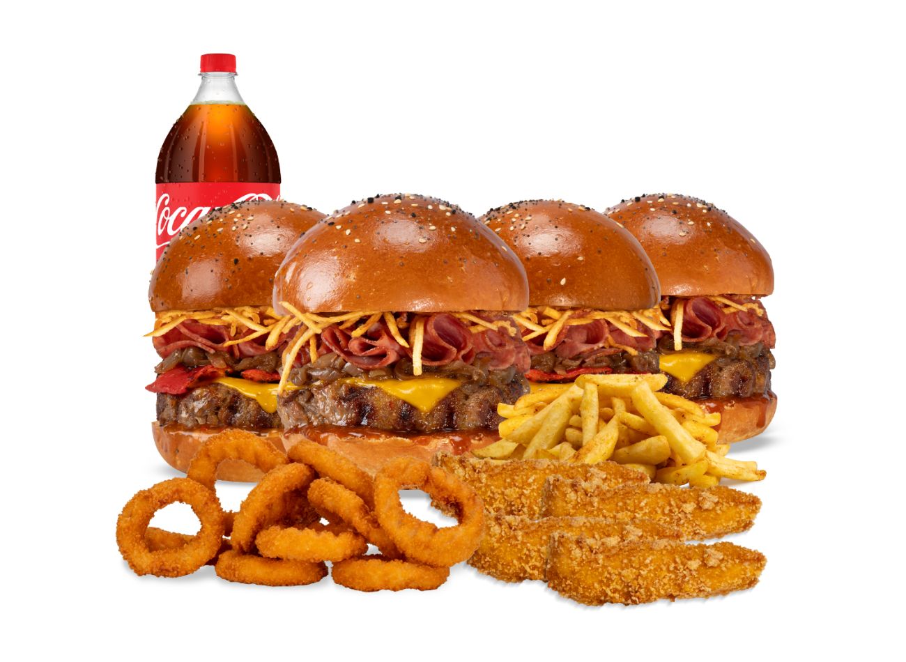 4'LÜ AİLE MENÜSÜ 2 - 2 adet sweet chılı burger, 2 adet meat ultimate burger, 4 adet çılgın çıtır tavuk parçaları, 10 adet soğan halkası, patates kızartması ve seçeceğiniz 1 litre içecek ile