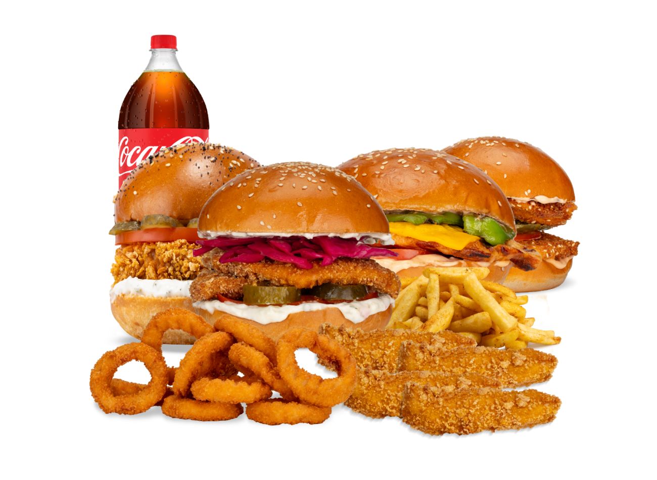 4'LÜ AİLE CHICKEN MENÜ - 4 adet seçeceğiniz tavuk burger, 4 adet çılgın çıtır tavuk parçaları,8 adet soğan halkası, patates kızartması ve seçeceğiniz 1 litre içecek ile