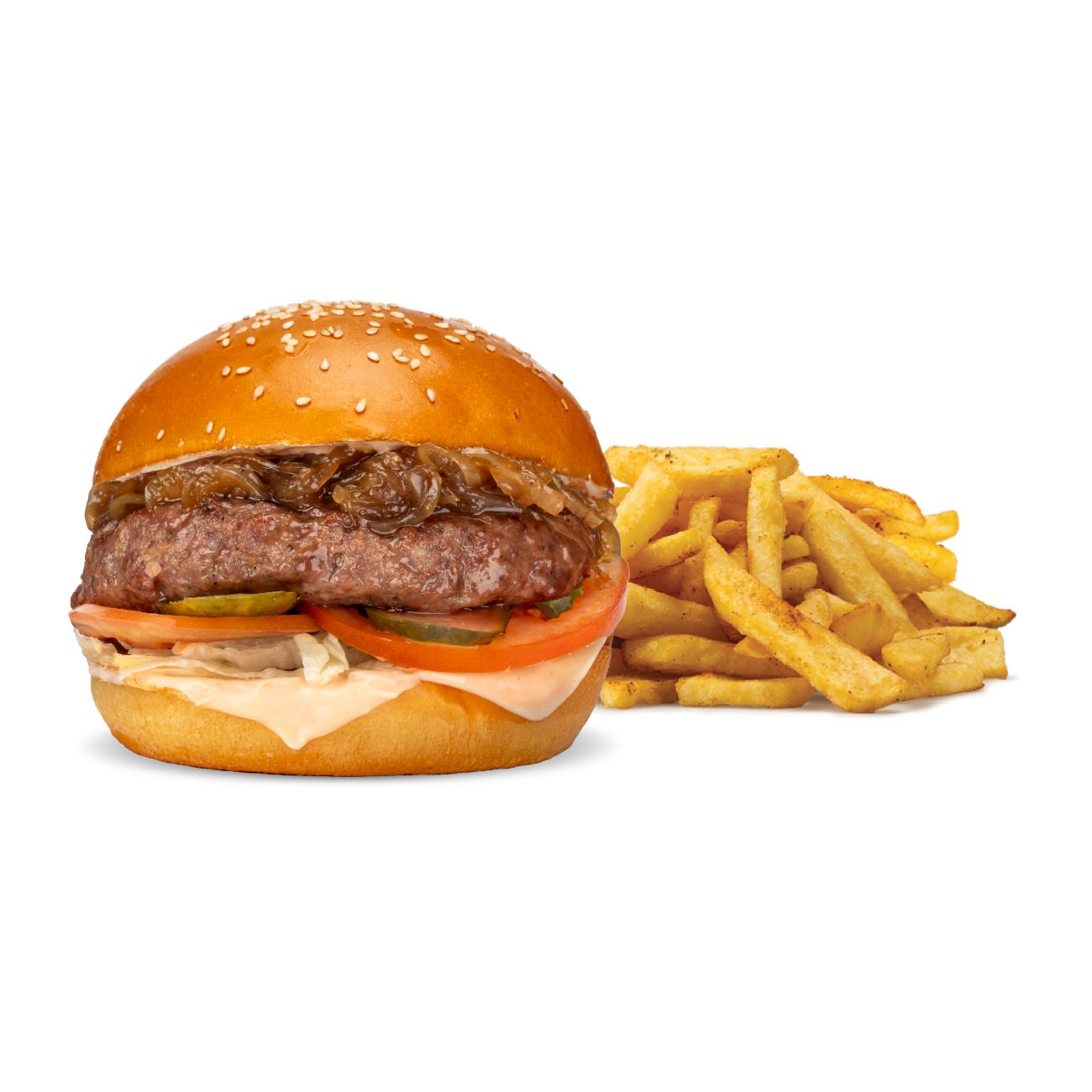 CLASSIC BURGER - 120 gr dana burger köftesi, domates, yeşillik, karamelize soğan, turşu, meat burger sos, patates kızartması ile