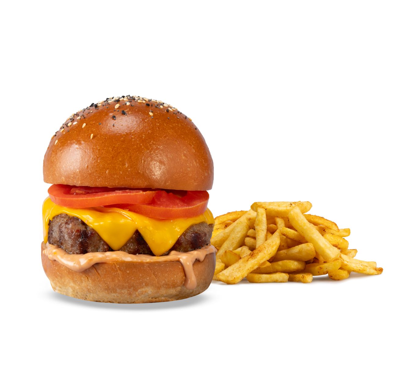 CHEESE BURGER - 120 gr. dana köfte, duble cheddar peynir,  domates, Meat Burger sos, seçeceğiniz yeşillik veya patates kızartması ile