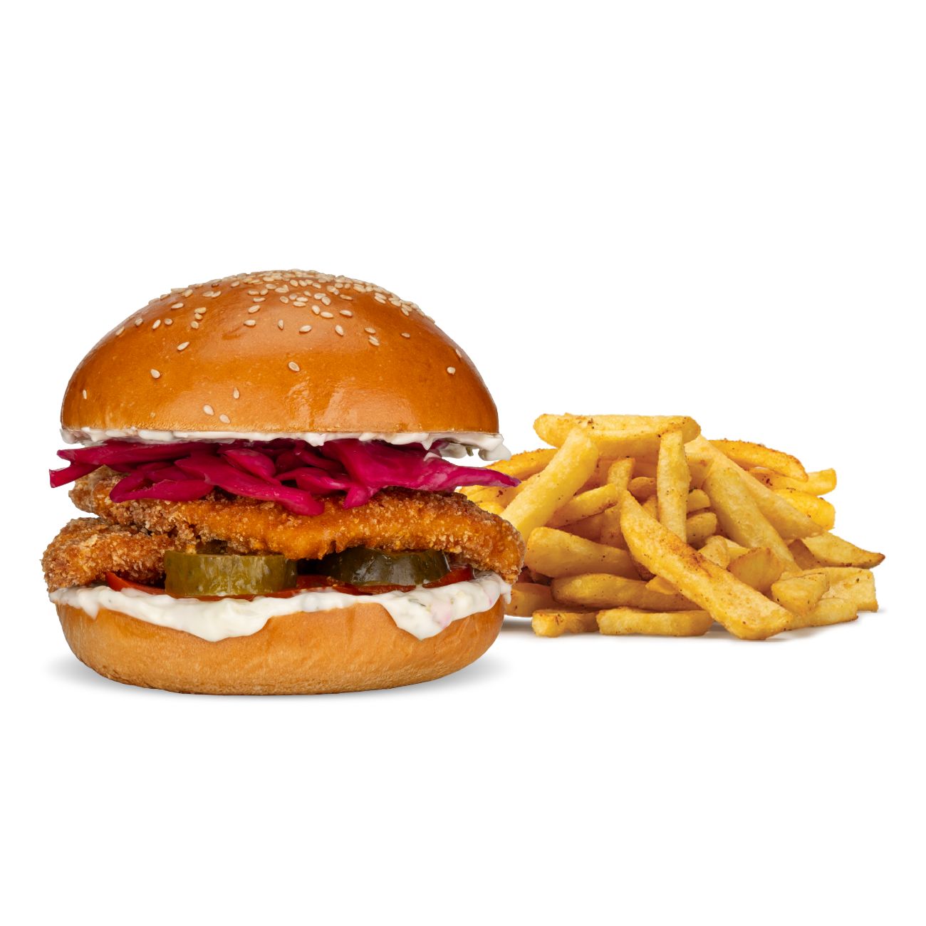 SPESIYAL ÇITIR TAVUK BURGER - 120 gr çılgın çıtır tavuk, domates, turşu, mor lahana, tartar sos patates kızartması ile