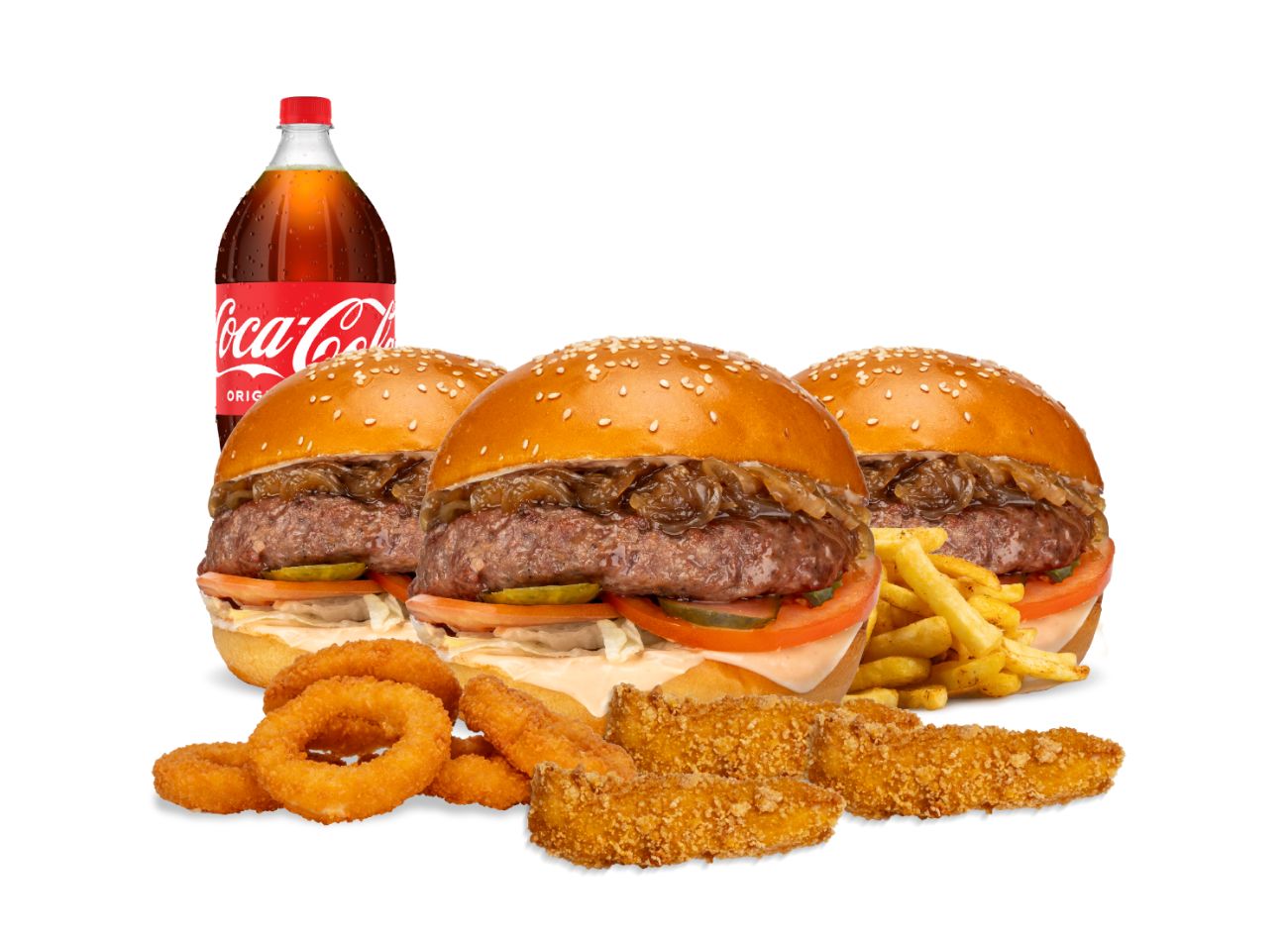 3'LÜ AİLE MENÜSÜ - 3 adet seçeceğiniz köfte burger, 6 adet soğan halkası, 3 adet çılgın çıtır tavuk parçaları,patates kızartmas ve seçeceğiniz 1 litre içecek ile