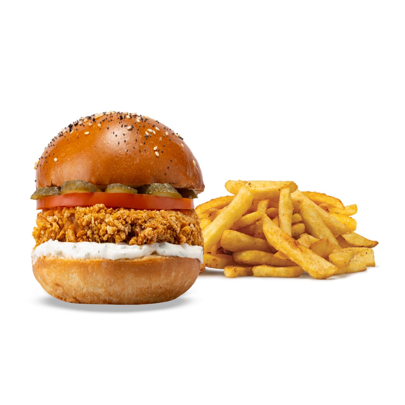 ÇILGIN ÇITIR TAVUK BURGER - 120 gr çılgın çıtır tavuk, domates, turşu, tartar sos ve patates kızartması ile