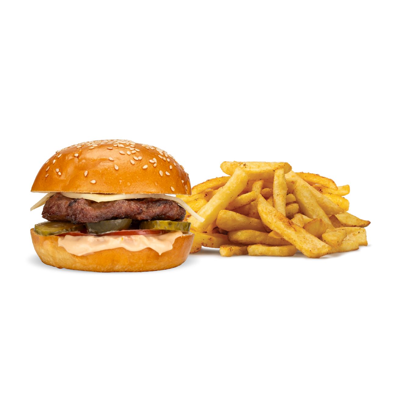 ÇOCUK MENÜSÜ MEAT BURGER MENÜ - 65 gr dana burger köftesi, kaşar peyniri, domates, turşu, meat burger sos, patates kızartması ve ayran ile