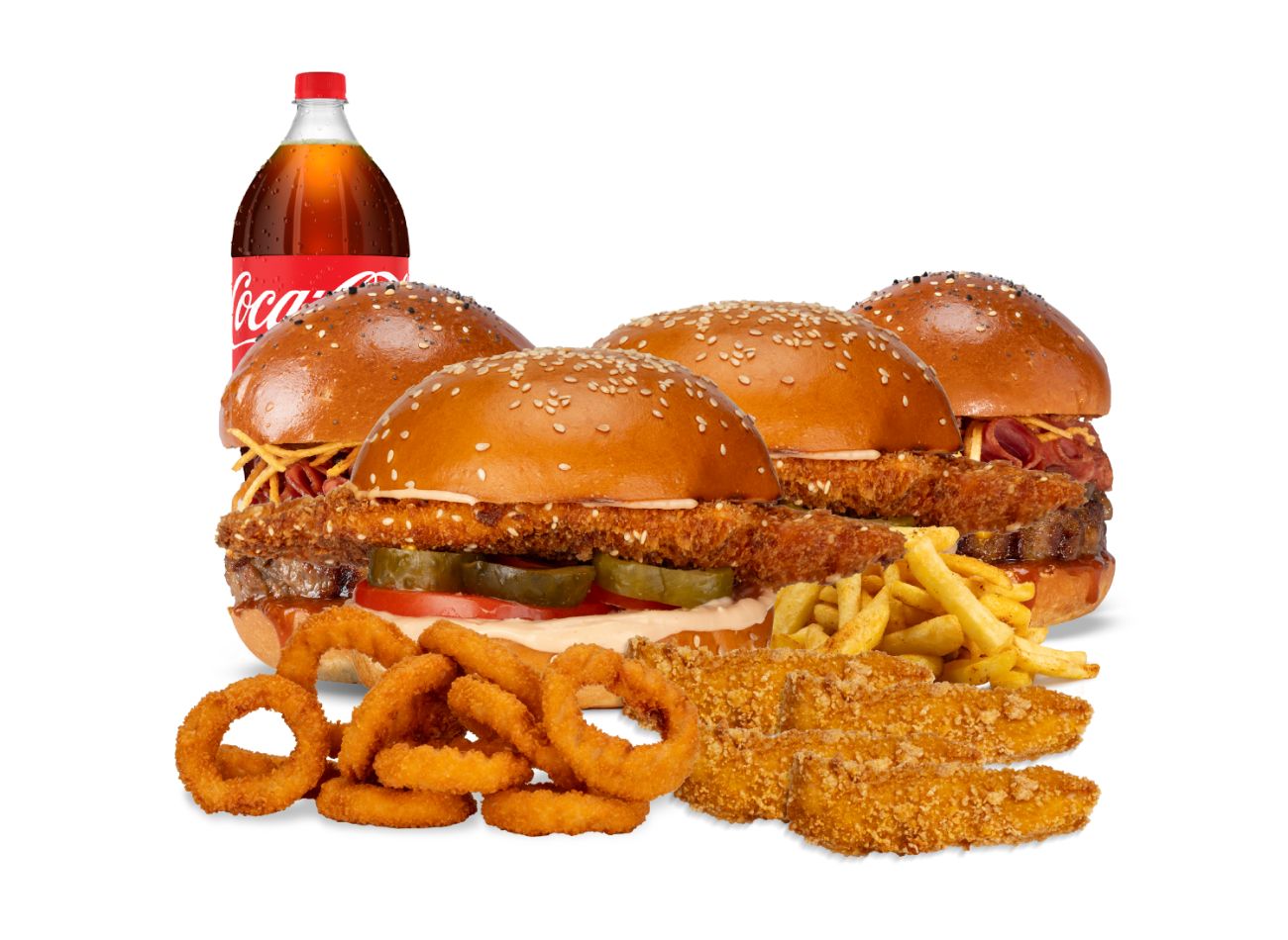 4'LÜ AİLE MENÜSÜ 1 - 2 adet meat ultimate burger, 2 adet schnıtzel burger, 4 adet çılgın çıtır tavuk parçaları, 10 adet soğan halkası, patates kızartması ve seçeceğiniz 1 litre içecek ile