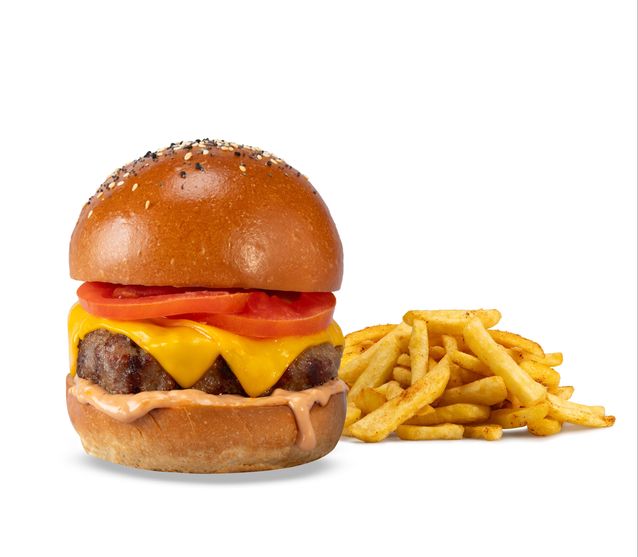 Chesse Burger Menü - 90 Gr. Dana Köfte, Double Cheddar Peyniri, Domates, Meat Burger Sos + Patates Kızartması + Seçeceğiniz Kutu içecek