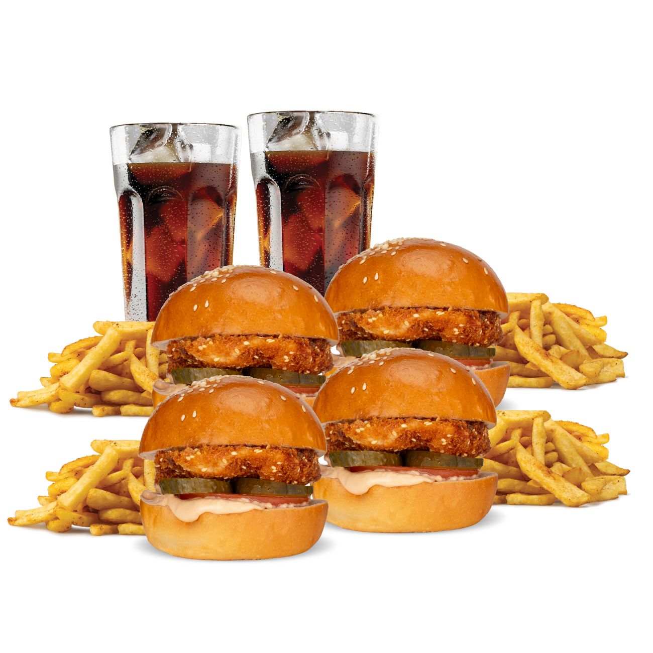 4'LÜ MİNİ SCHNITZEL BURGER SEPETİ - 4 adet mini schnıtzelburger(240 gr) tavuk schnıtzel, domates, turşu, meat burger sos, patates kızartması ve seçeceğiniz 2 adet  içecek ile