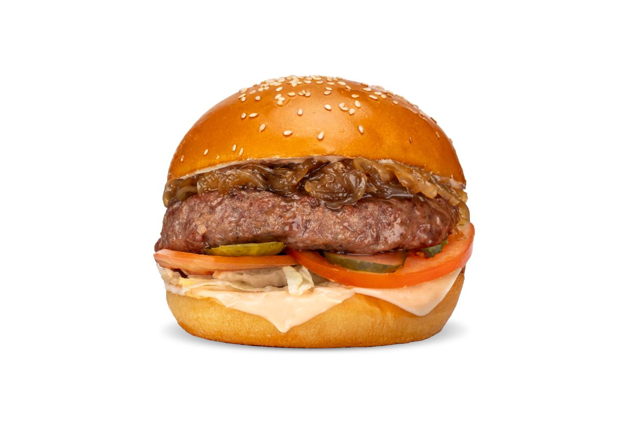 Classic Burger Menü - 90 gr. Dana burger köftesi, yeşillik, domates, karamelize soğan, turşu, meat burger sos + Seçeceğiniz yan ürün + Kutu İçecek