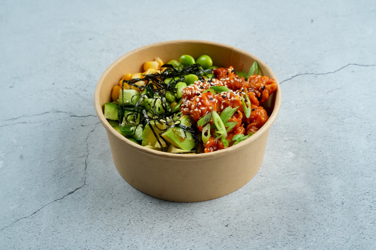 Poke Bowl Korean Chicken - Korean Chicken, Edamame, Rice, Avocado, Cucumber, Nori, Sushi Rice, Corn, Spicy Mayo Sauce, Green Onion, Sesame Seeds