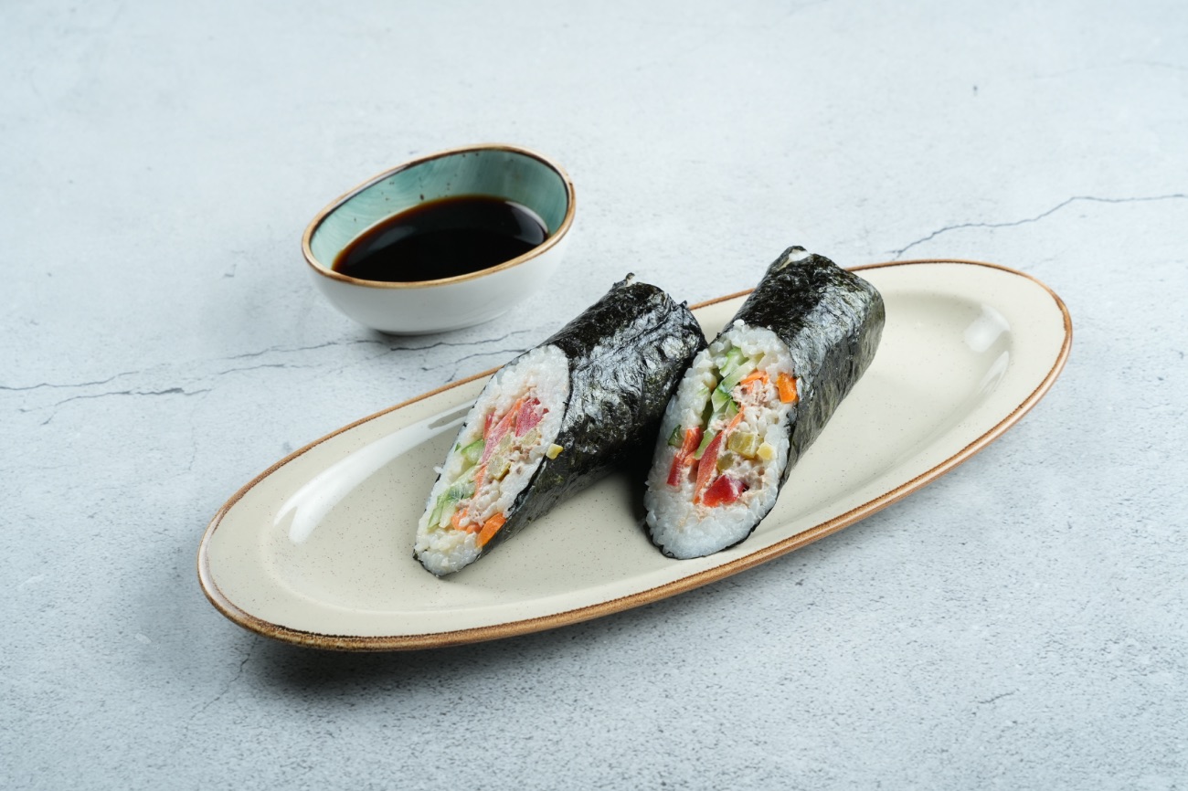 Hand Roll - Nori, Rice, Bell Pepper, Carrot, Cucumber with topping of your choice selection menu: