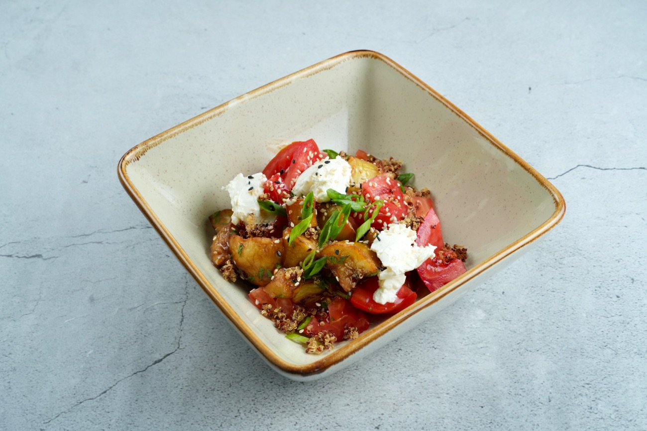 Eggplant Salad with Crispy Quinoa - Eggplant, Tomato, Quinoa, Cream Cheese, Soy Chili Dressing, Green Onion, Sesame Seeds, Garlic, Cilantro