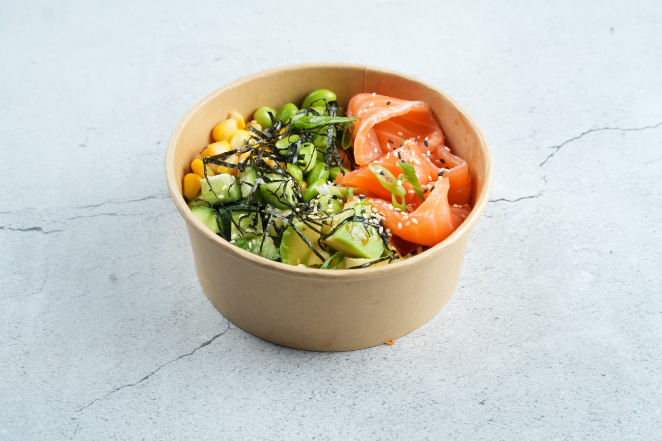 Poke Bowl With Salmon - Salmon, Edamame, Rice, Avocado, Cucumber, Nori, Sushi Rice, Corn, Spicy Mayo Sauce, Green Onion, Sesame Seeds